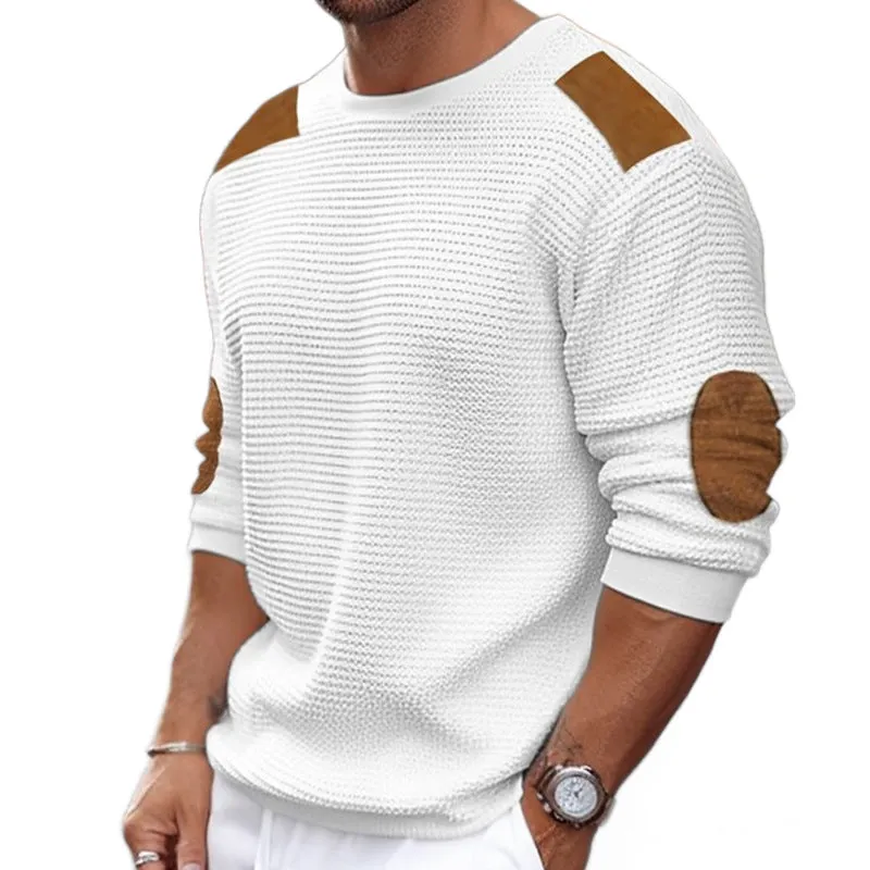 Advbridge Men Patchwork Suede Knit Sweater Slim Fit Long Sleeve O-neck  Knitwear Spring Autumn Fashion Knitted Pullover Tops Streetwear