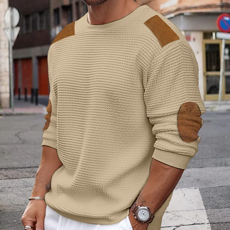 Advbridge Men Patchwork Suede Knit Sweater Slim Fit Long Sleeve O-neck  Knitwear Spring Autumn Fashion Knitted Pullover Tops Streetwear