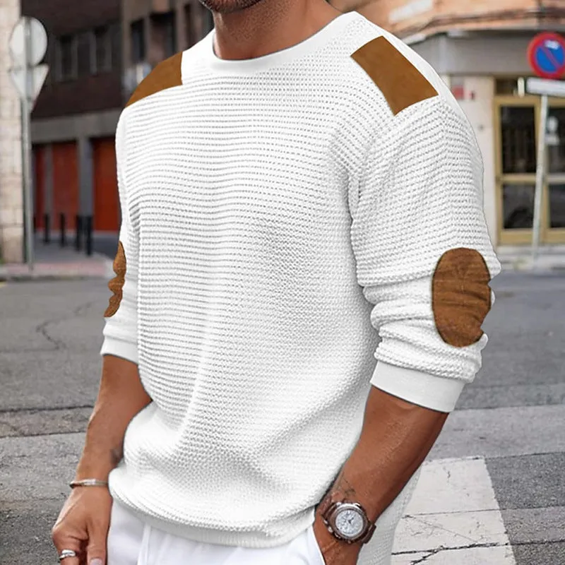 Advbridge Men Patchwork Suede Knit Sweater Slim Fit Long Sleeve O-neck  Knitwear Spring Autumn Fashion Knitted Pullover Tops Streetwear