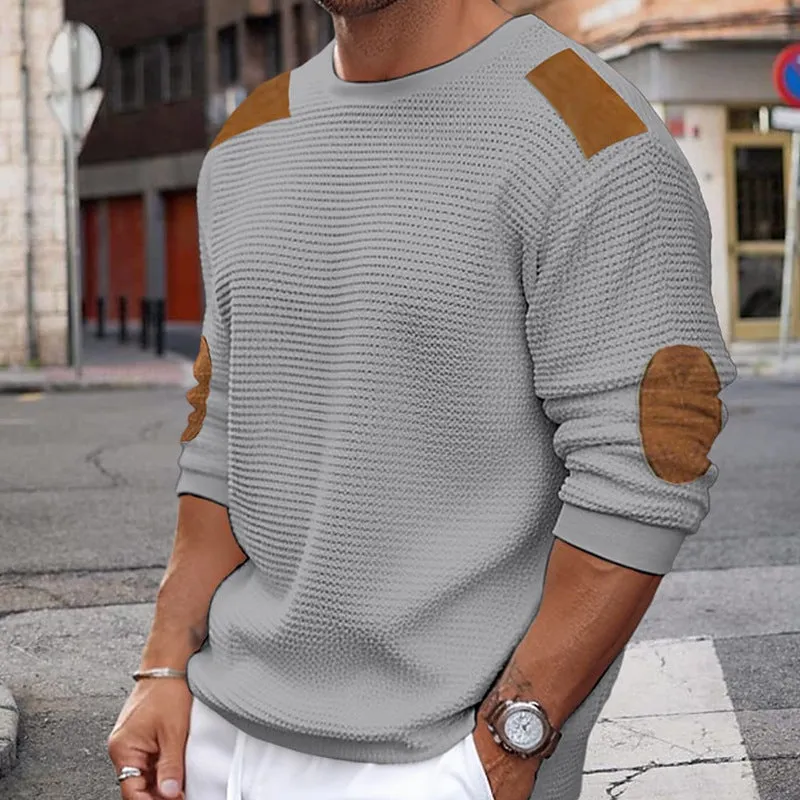 Advbridge Men Patchwork Suede Knit Sweater Slim Fit Long Sleeve O-neck  Knitwear Spring Autumn Fashion Knitted Pullover Tops Streetwear