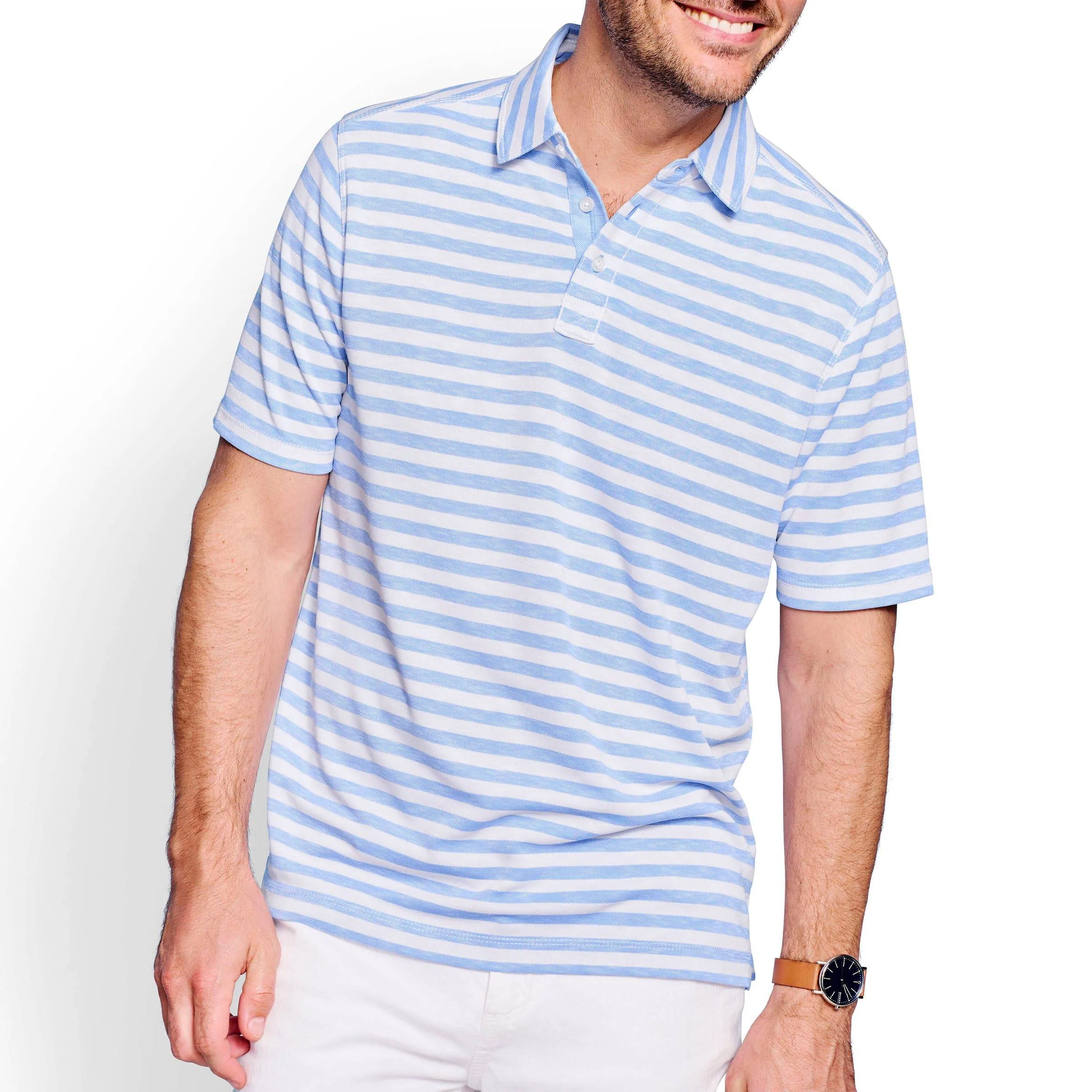 Bar Stripe Slub Weave Polo In Light Blue & White