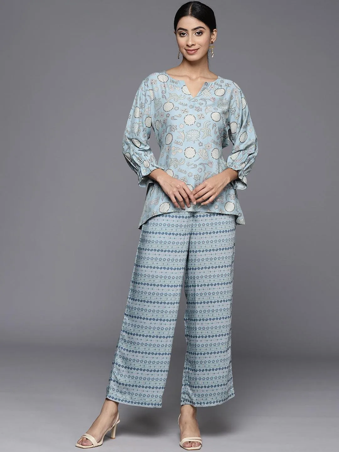 Blue Printed Silk Blend Co-Ords