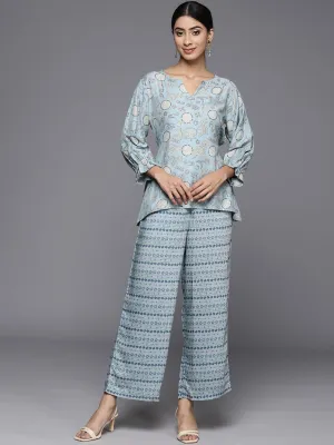 Blue Printed Silk Blend Co-Ords