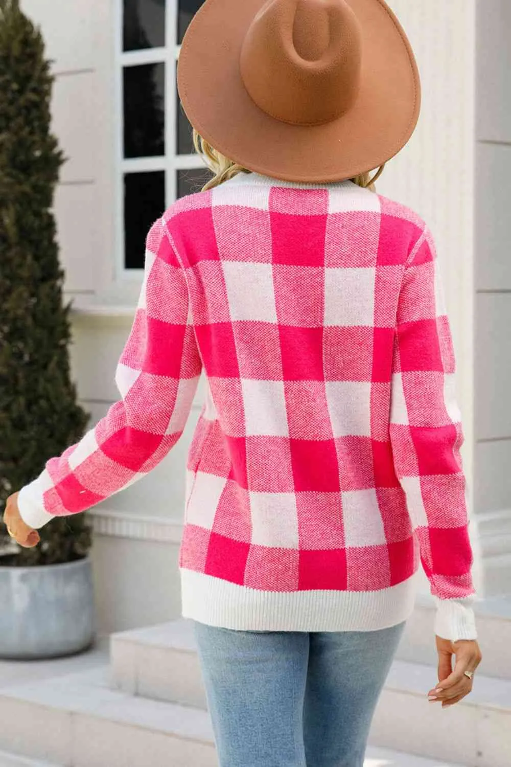 Checkered Ribbed Trim Knit Pullover