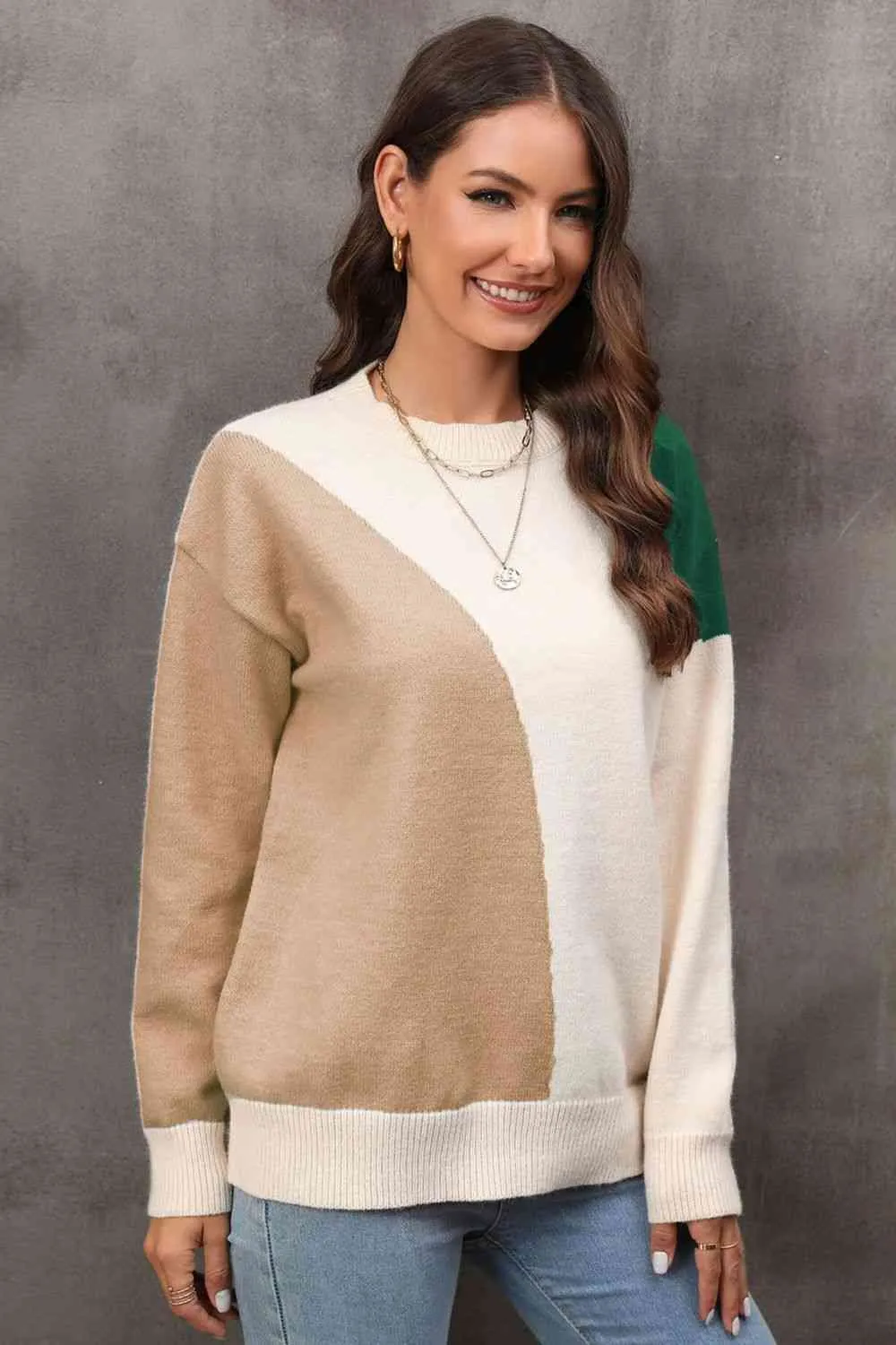 Color Block Ribbed Cuff Drop Shoulder Sweater