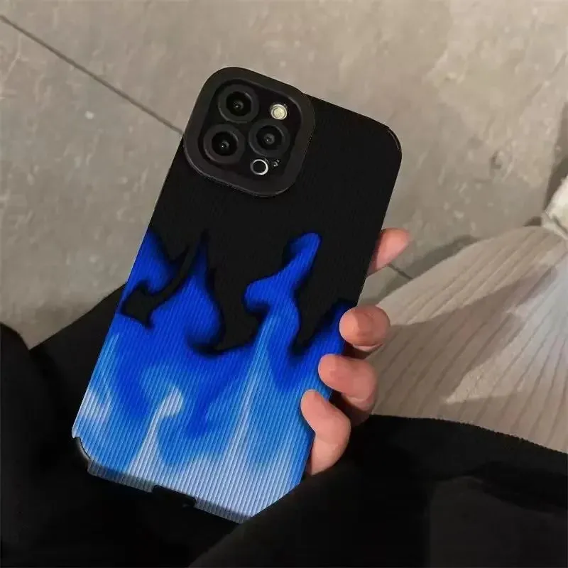 Cute Gradient Blue Fire Phone Case for iPhone 16, 15, 14, 13, 11, 12 Pro, XS Max, Mini, 6, 7, 8 Plus, X, XR - Cover