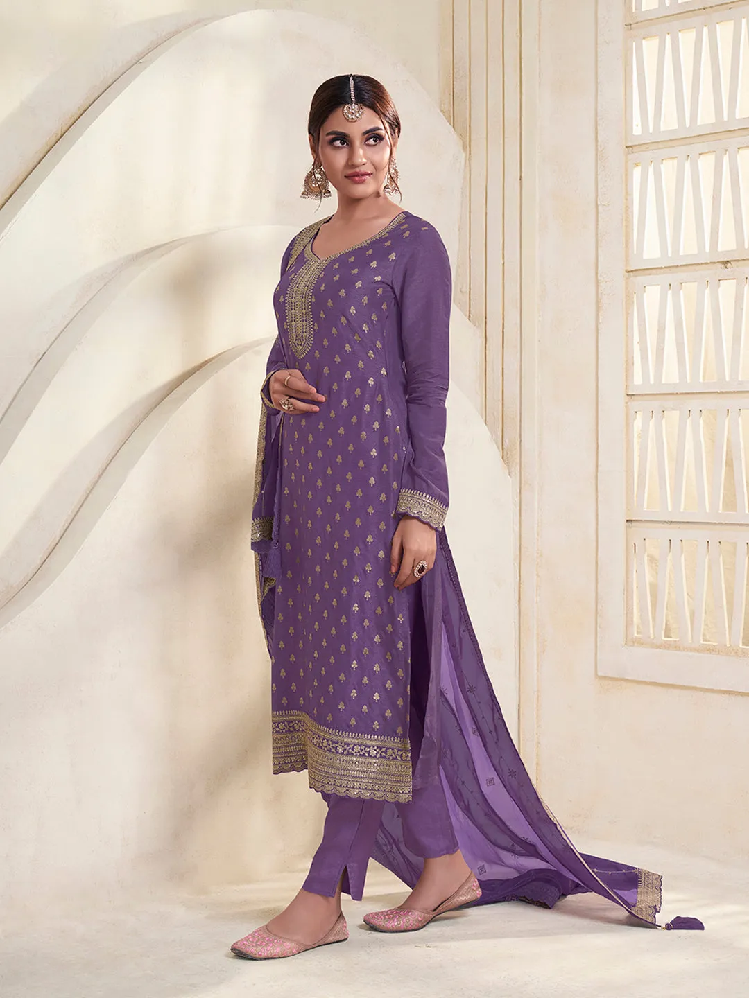 Purple Dola Jacquard with Heavy Sequins Embroidery Kurta Suit set by Qivii