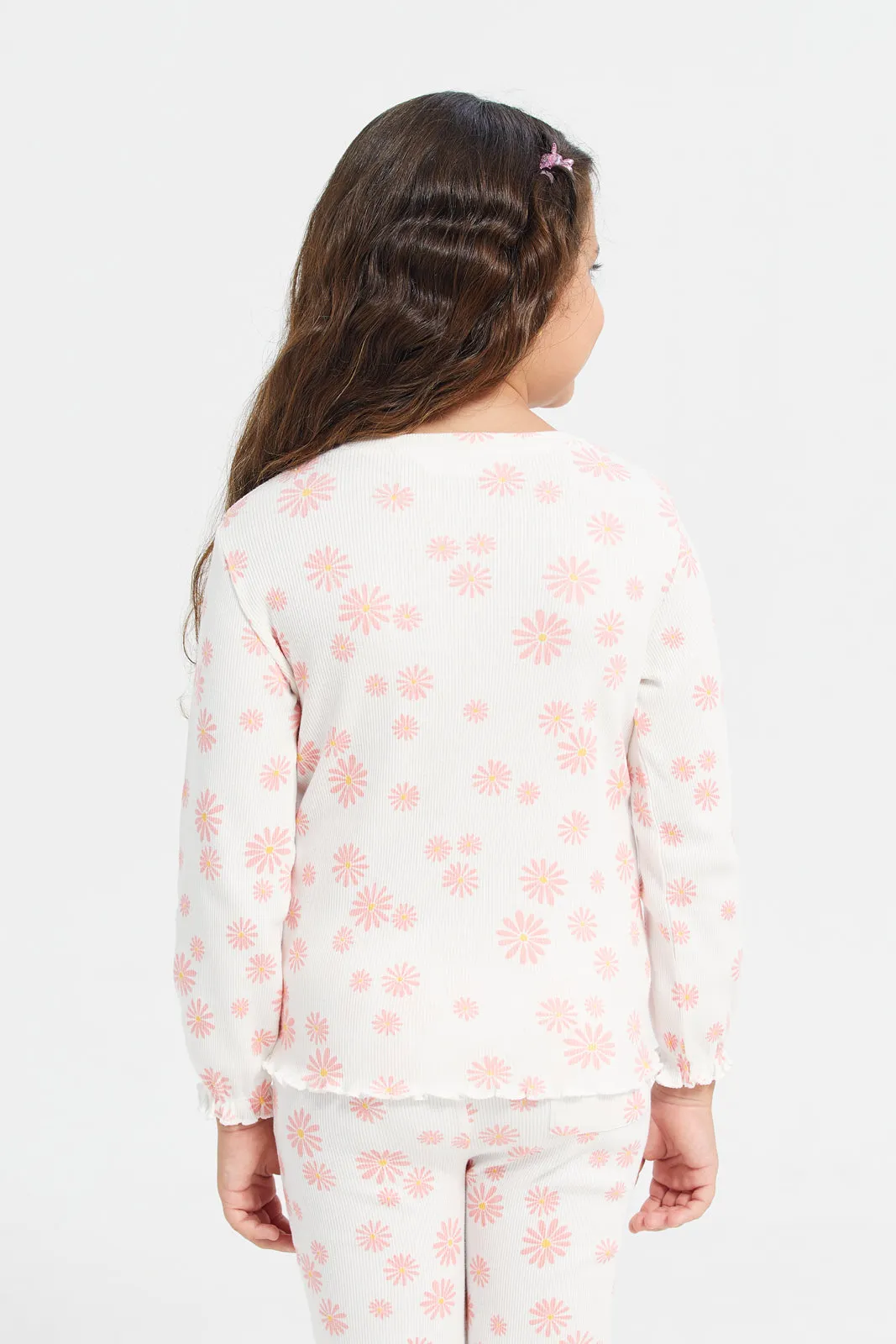 White Floral Aop Rib F/S T Shirt