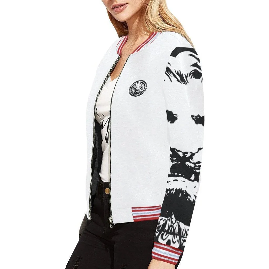 Womens White large Lion Sleeves Bomber Jacket