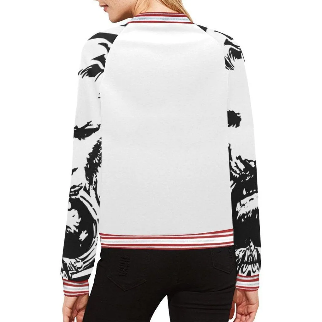 Womens White large Lion Sleeves Bomber Jacket