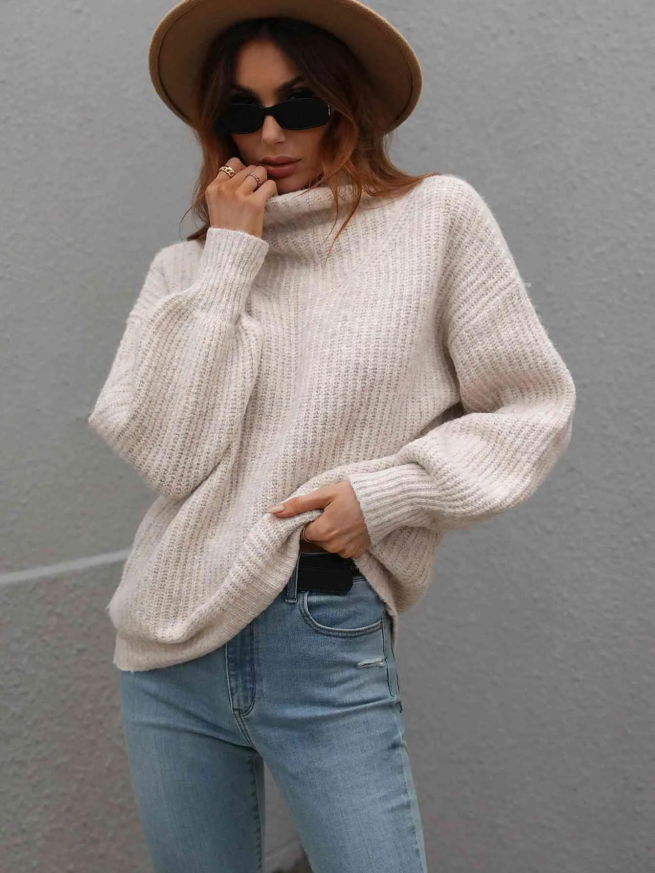 Woven Right High Neck Balloon Sleeve Rib-Knit Pullover Sweater