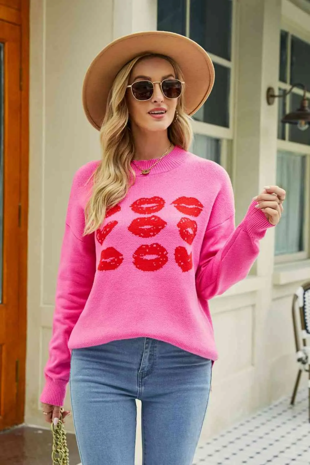 Woven Right Lip Graphic Slit Dropped Shoulder Sweater